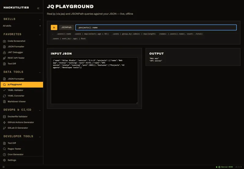 jq Playground in HackUtilities
