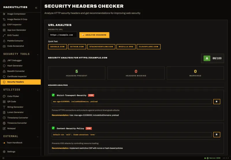 Security Headers in HackUtilities