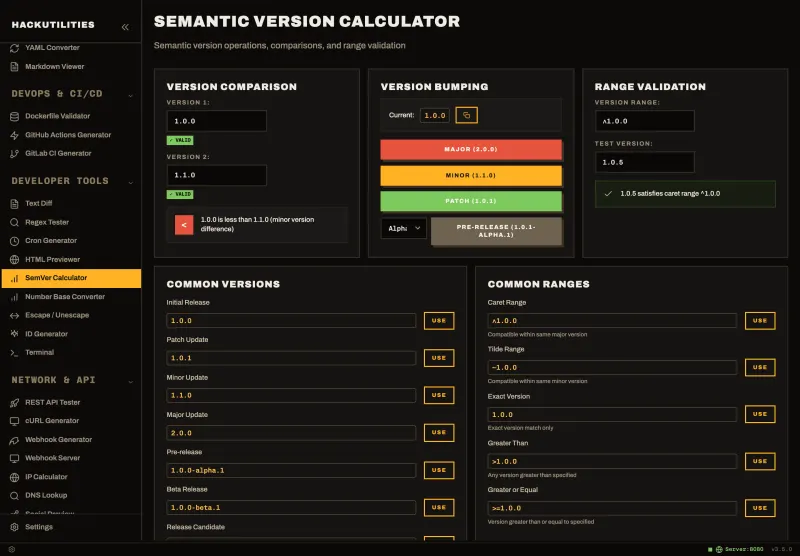 SemVer Calculator in HackUtilities