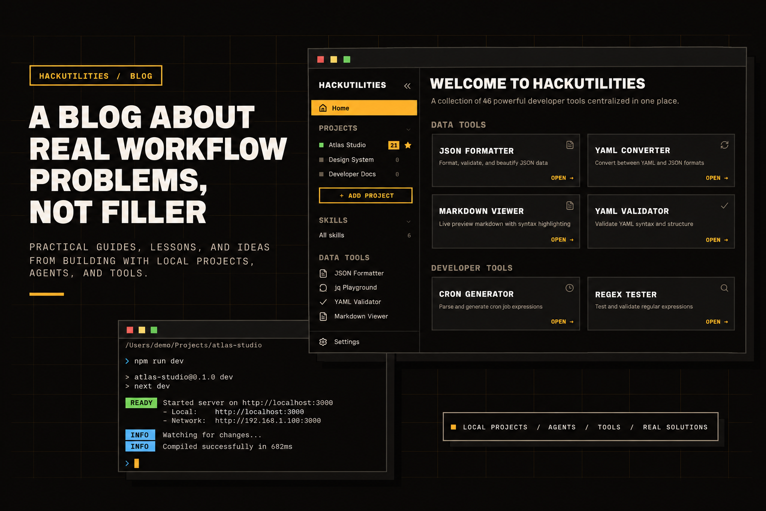 Illustration of a developer workspace with a repo, terminal, agent sessions, and built-in tools.