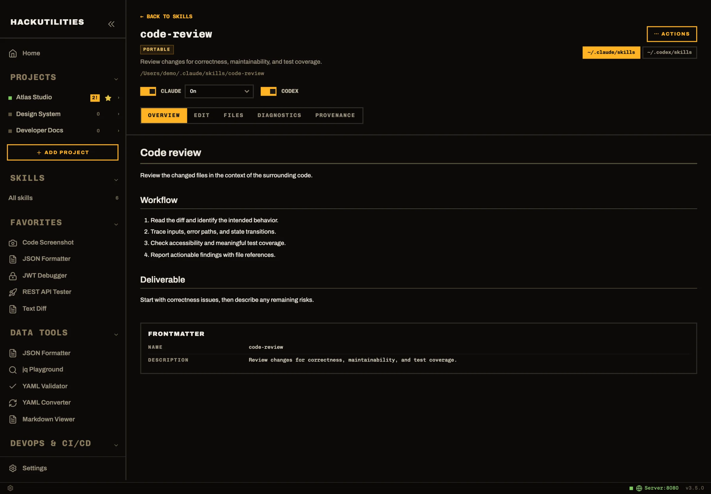 HackUtilities skill card with the Copy to agent action and target folder dialog.